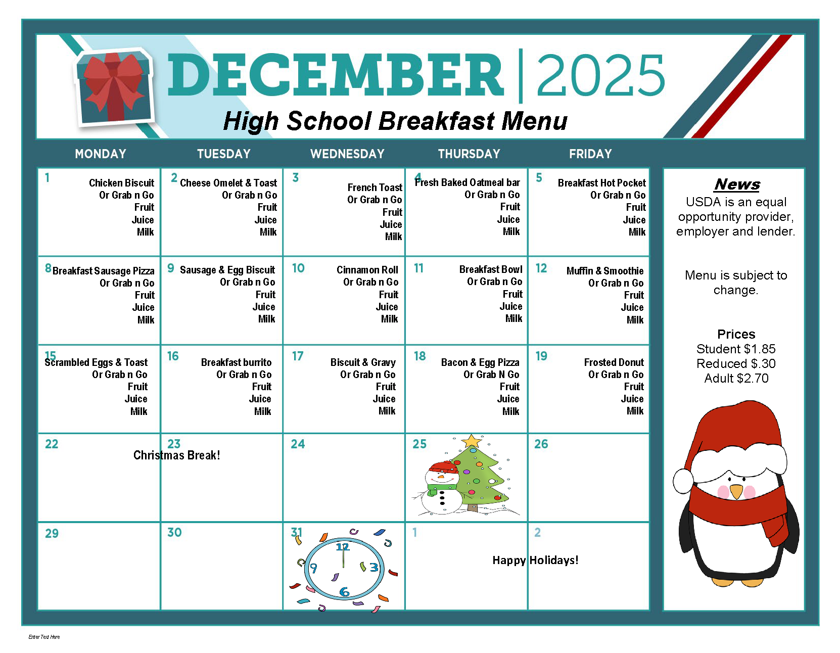 December WHS Breakfast Menu